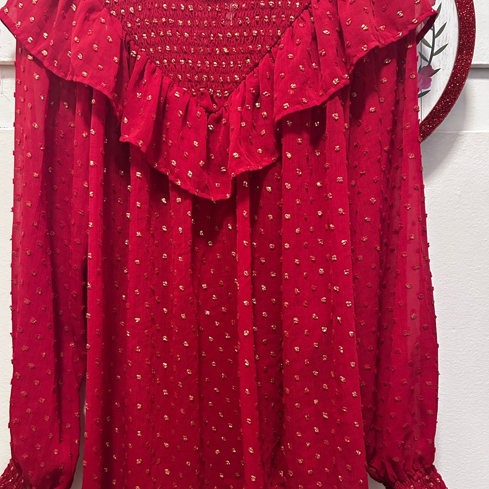 Elegant Red Ruffled Women's Top - Picture 2 of 16